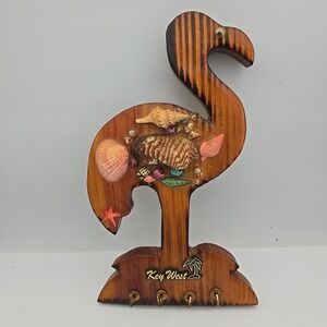 Wood Flamingo Tree Key Holder Key West Travel Souvenir 10" Beach House Decor